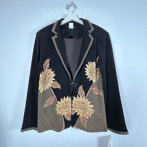 Moonlight Connie’s Blazer Black Sunflower Artwear Jacket Button Front Large New